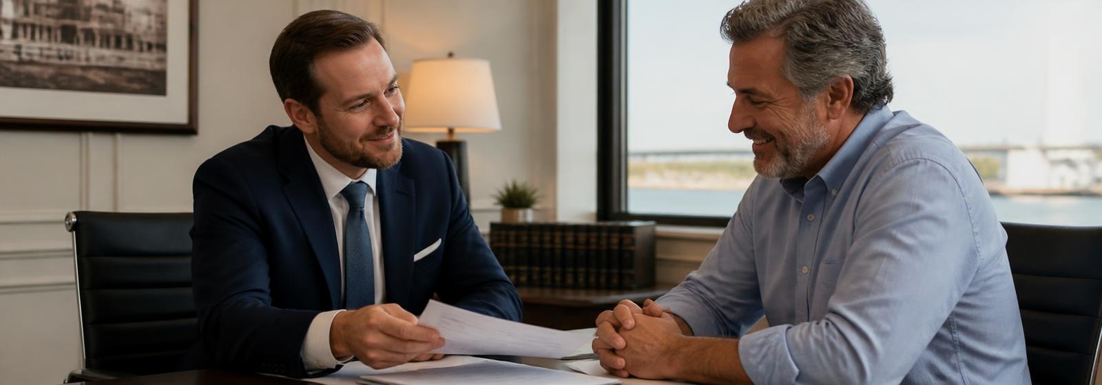 Attorney sitting with a relieved client during a free case review in Tupelo